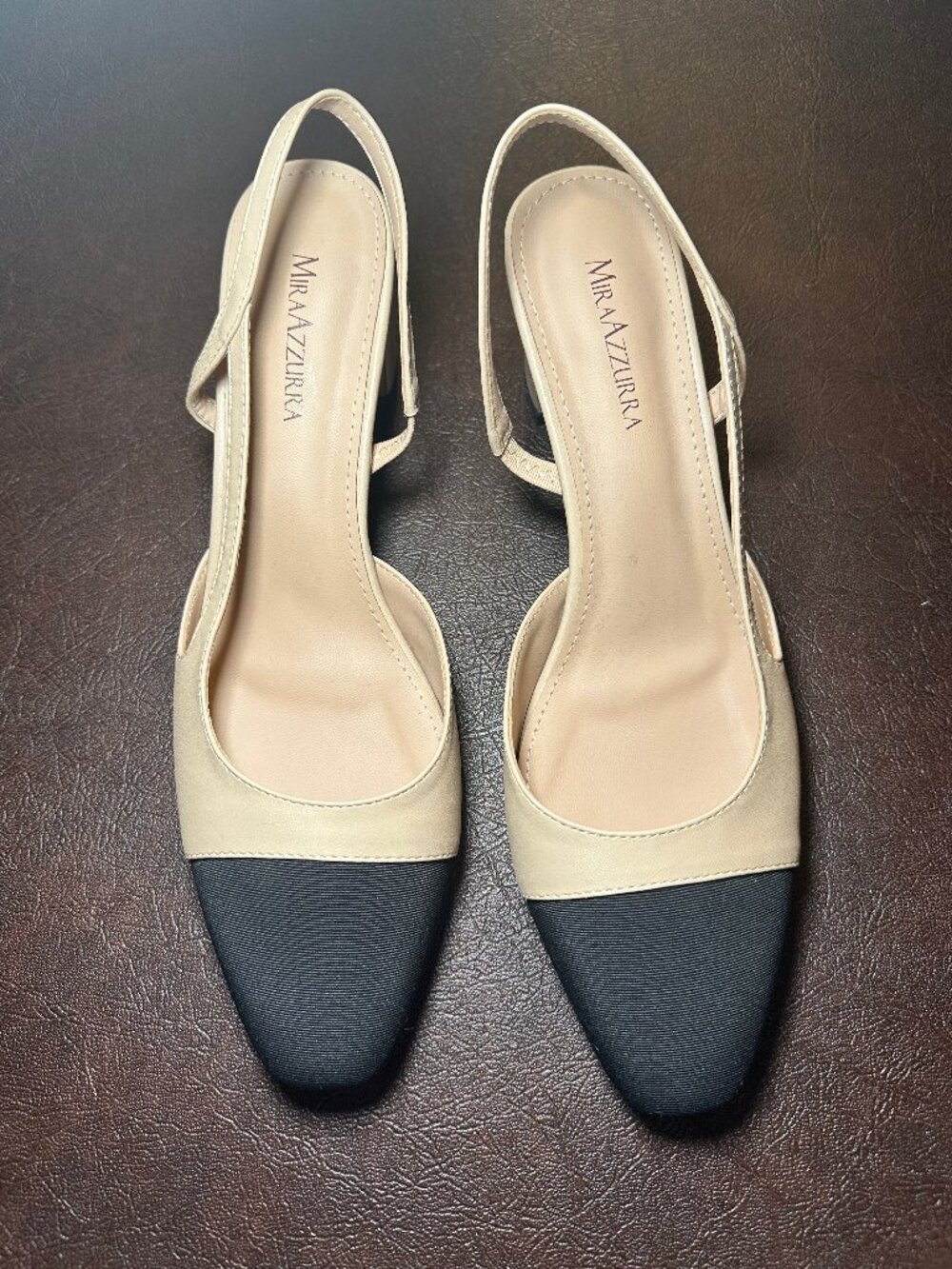 Miraazzurra slingback pumps, nude body, black cap toe. Size 9.5